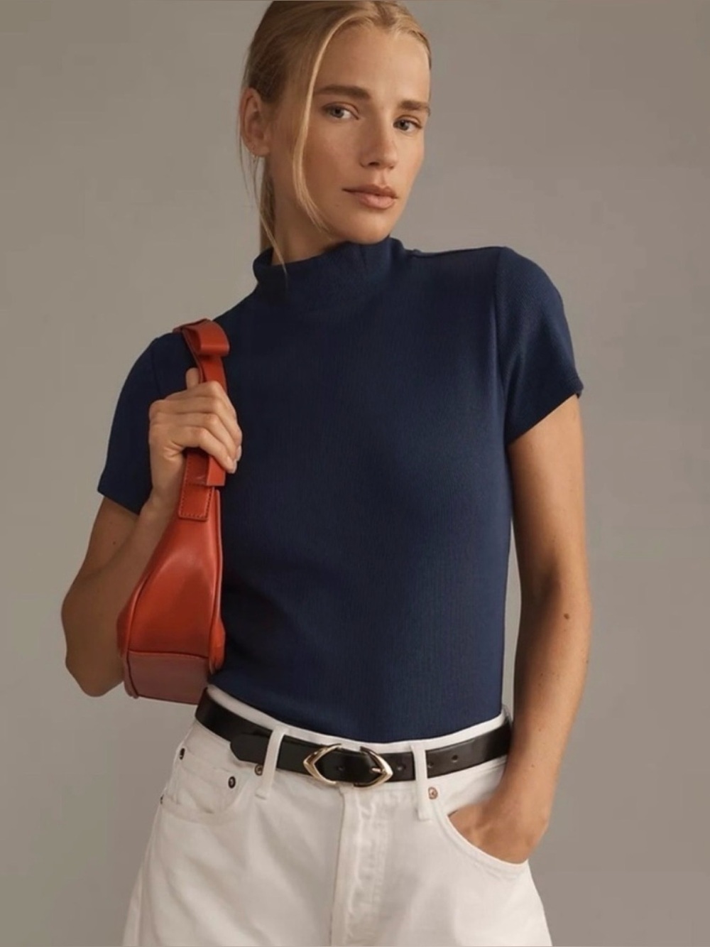 Maeve Anthropologie Blair Mock Neck Baby Tee Navy M